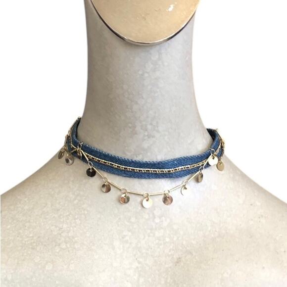 ettika NWT Denim And Gold Plated Brass Disc Chain Lobster Clasp Choker Necklace - Picture 5 of 10